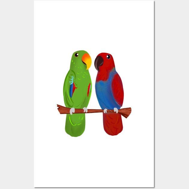 Ekkie Love Cute Eclectus Parrot Couple for parrot lovers Wall Art by SusanaDesigns